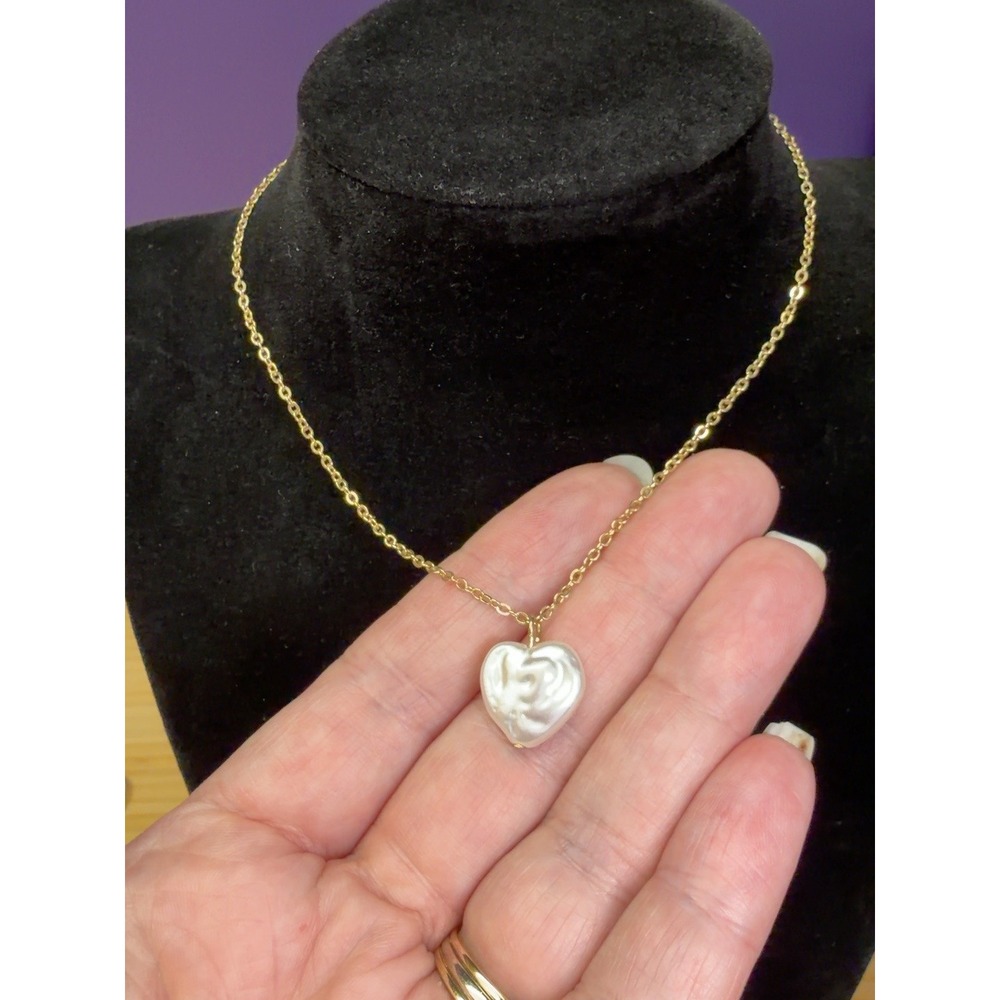Gold Tone Faux Pearl Heart Pendant Necklace 12" + 4" Extender Romantic
